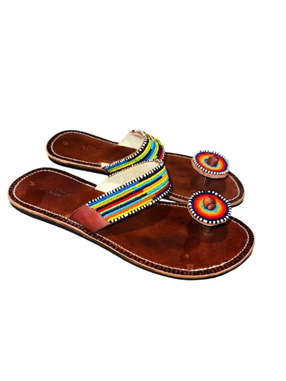 Handmade Boho Hippie Leather Sandals Rainbow Beaded Retro Indie Womens 9 Western - Picture 3 of 8